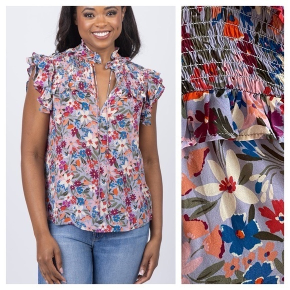 Gliner Farrar Colorful Starflower Smocked Ruffle Sienna Blouse XS